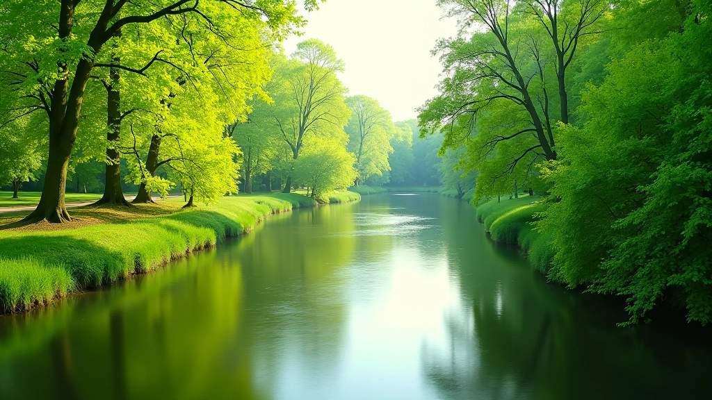 Atmatos upė tyru pavasarį, žali medžiai šalia kranto, gyvybingas gamtos vaizdas